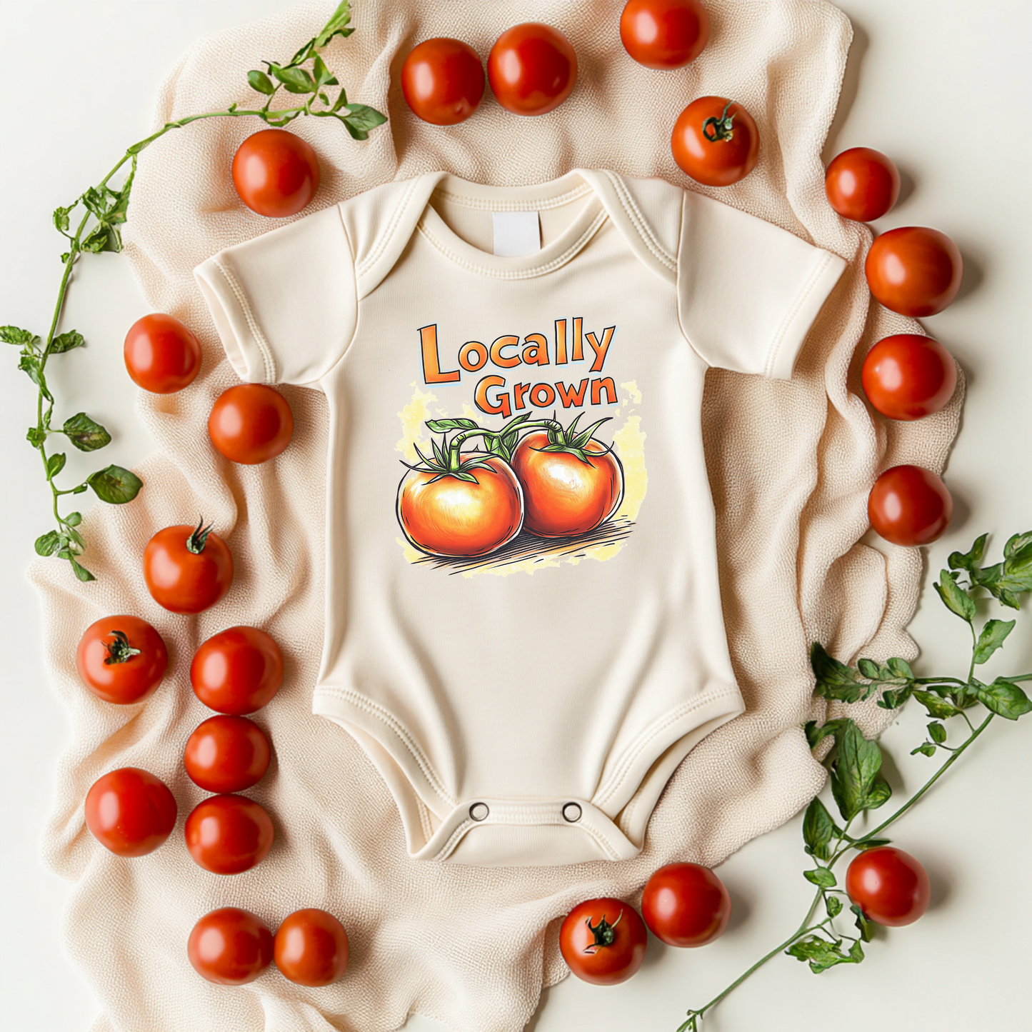 Locally Grown Tomato Baby Bodysuit – Vintage Farm-Inspired Outfit