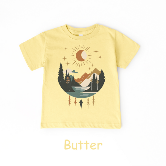 Mountain Magic Toddler T-Shirt – Nature Scene Tee in Butter