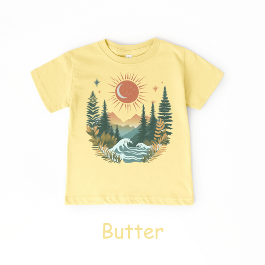 Retro Nature Toddler T-Shirt – Sun, Mountains & Trees Graphic Tee