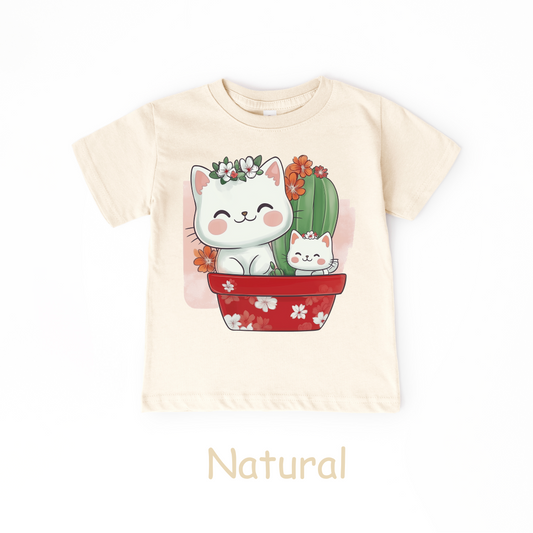 Kawaii Cactus Cat Kids T-Shirt – Cute Floral Pot Design